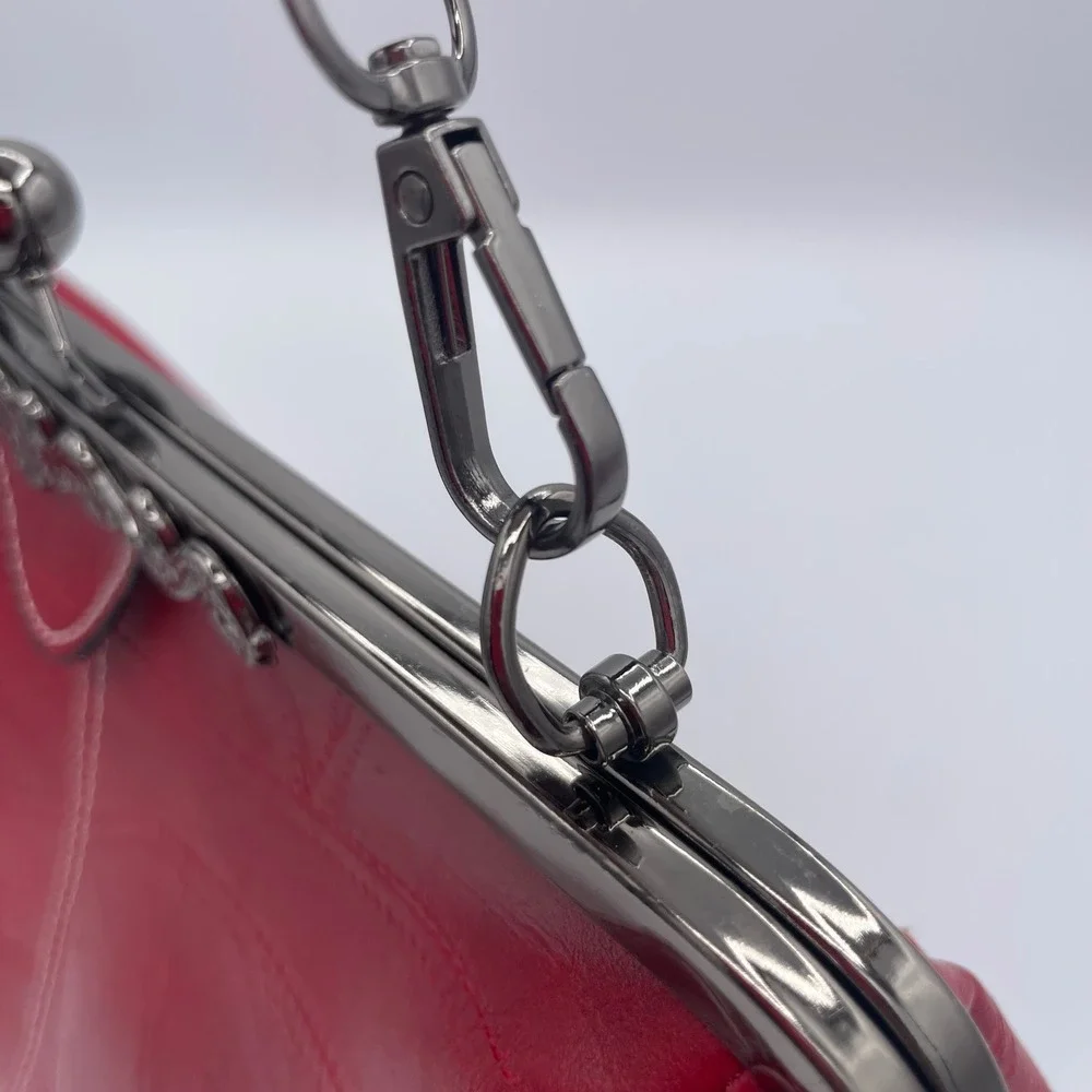 Vintage Kiss Lock Frame Handbag Red Faux Leather Doctor Style Satchel Bag